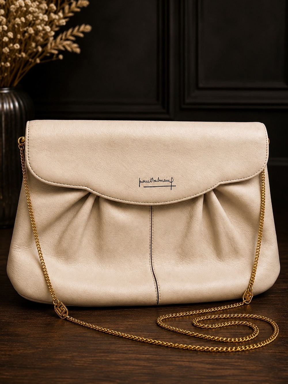 VTG Pierre Balmain Ivory Leather Convertible Chain Shoulder Bag Clutch France